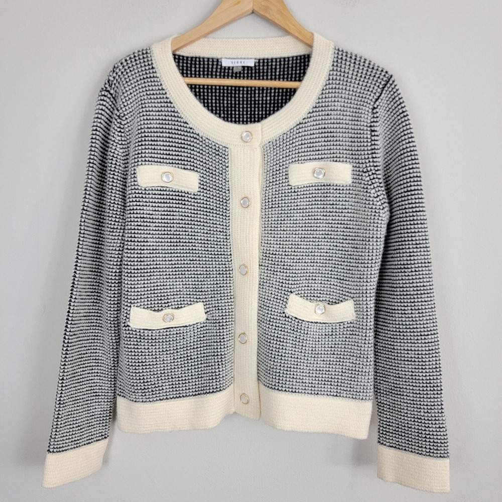 Sioni Cardigan Sweater Women L Ivory White Black Knitted Pearl Buttons Classic